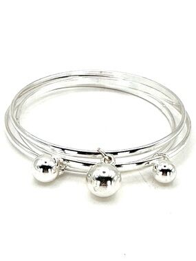 Silver Tone Ball Bangle Stacking Bracelets Set Of 3